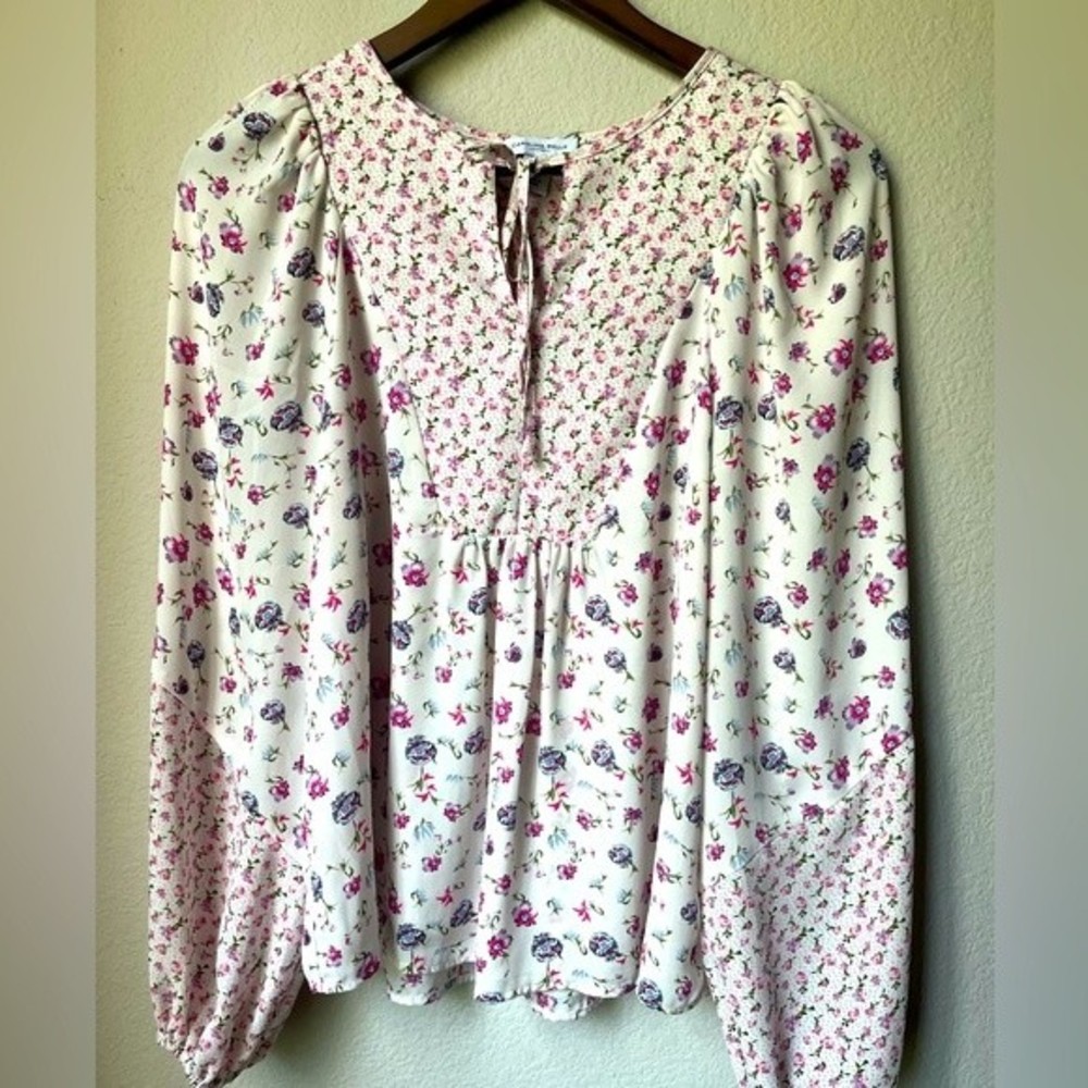 Carolina Belle Floral Silky Boho Peasant Balloon Sleeve Blouse Size M Pink